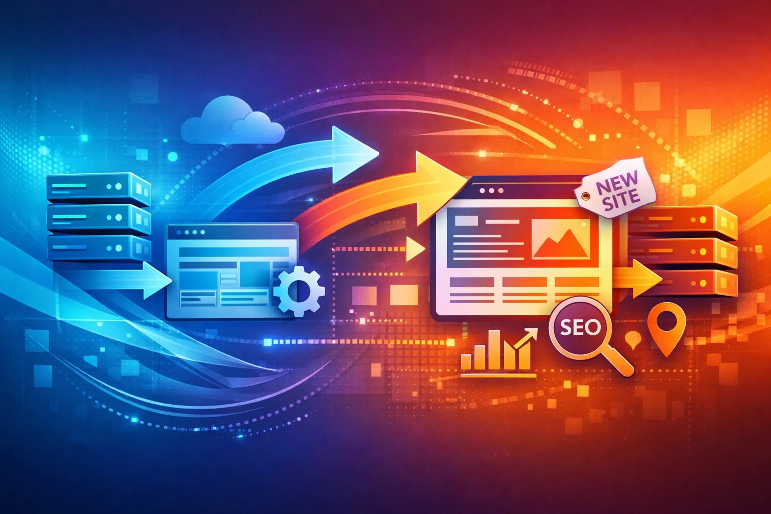 Illustration abstraite de migration de site avec flèches et serveurs