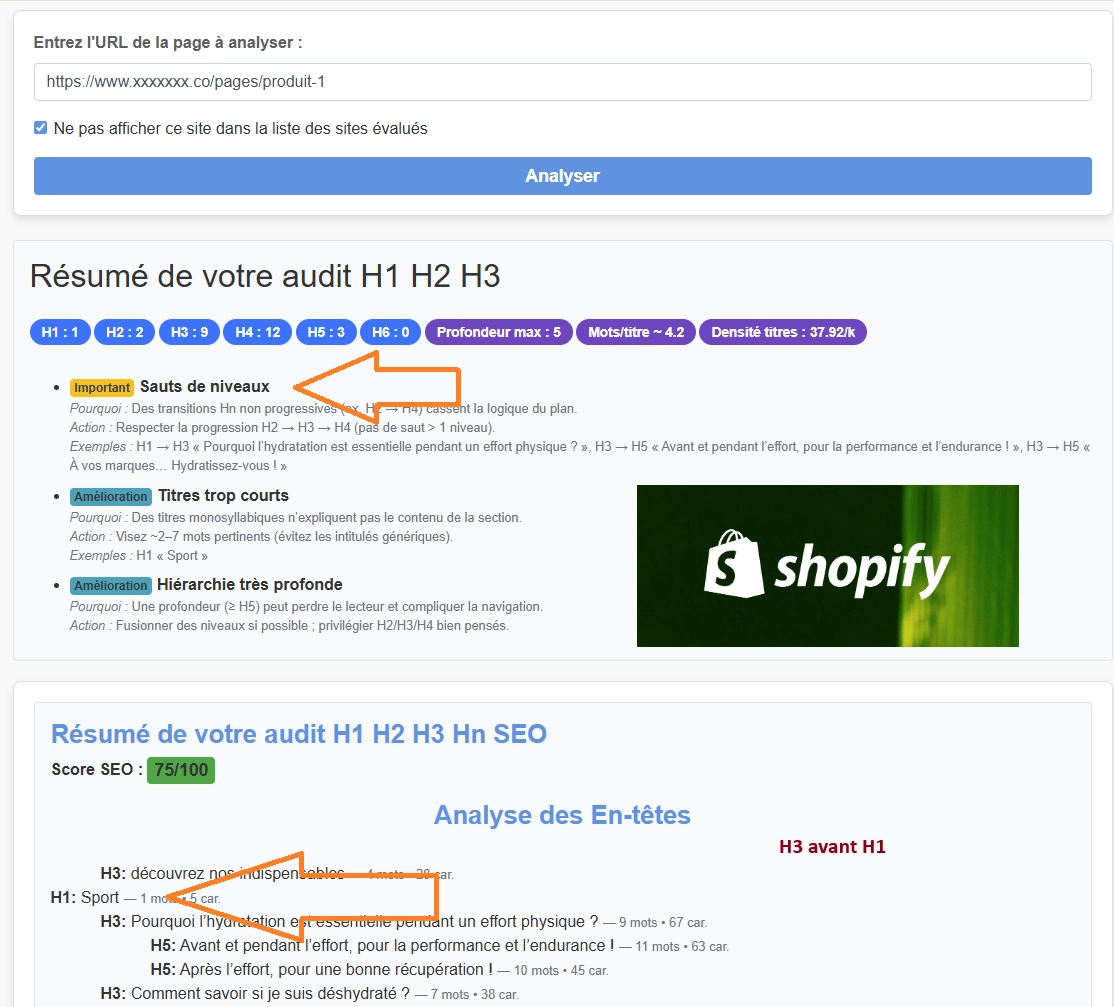 Vérification du H1 unique sur Shopify avec l'outil SEO Quick Audit